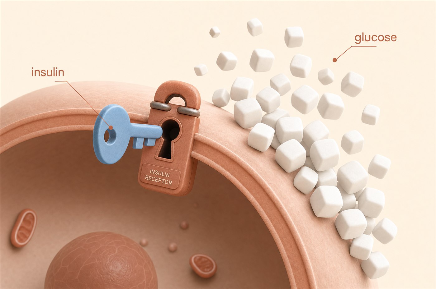 Normal cell lets glucose in, insulin-resistant cell leaves glucose in the blood