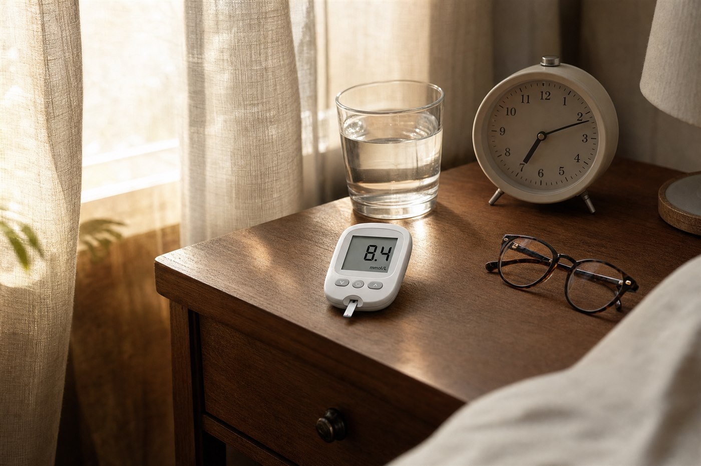 Man checking his fasting blood sugar in bed, meter reading 8.2 mmol/L