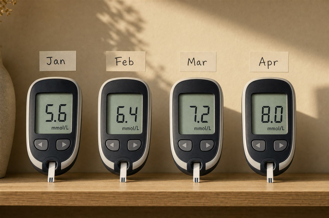 Man checking his fasting blood sugar in bed, meter reading 8.2 mmol/L