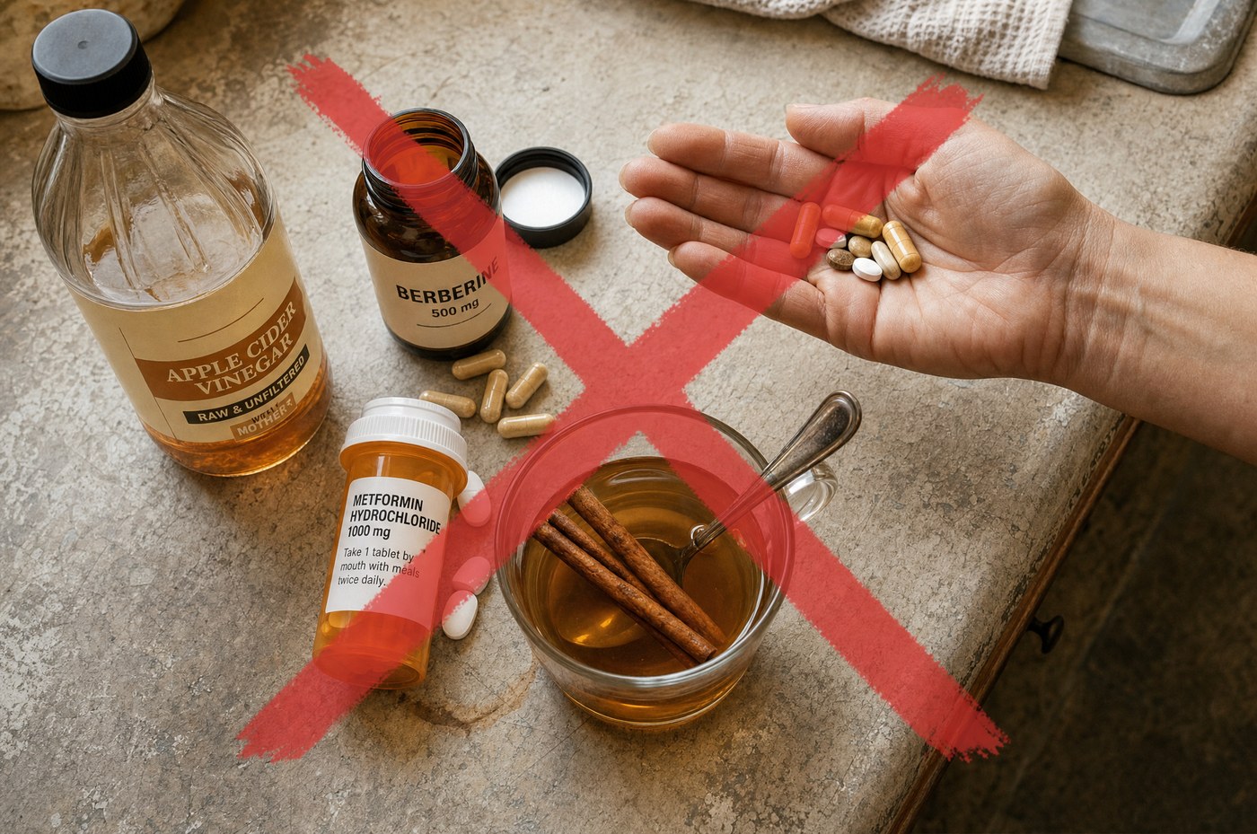 Apple cider vinegar, berberine, metformin and cinnamon tea crossed out as surface fixes