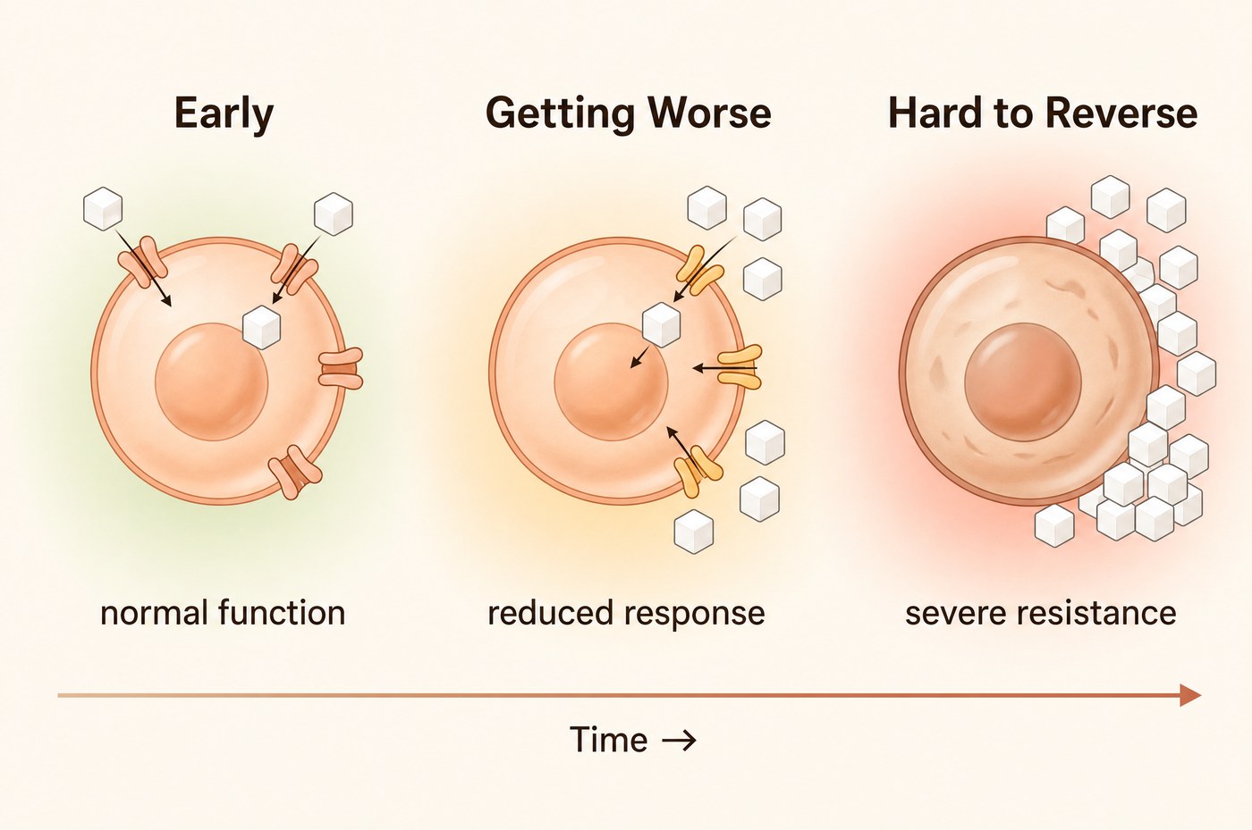 Insulin resistance worsening over time: early, getting worse, hard to reverse