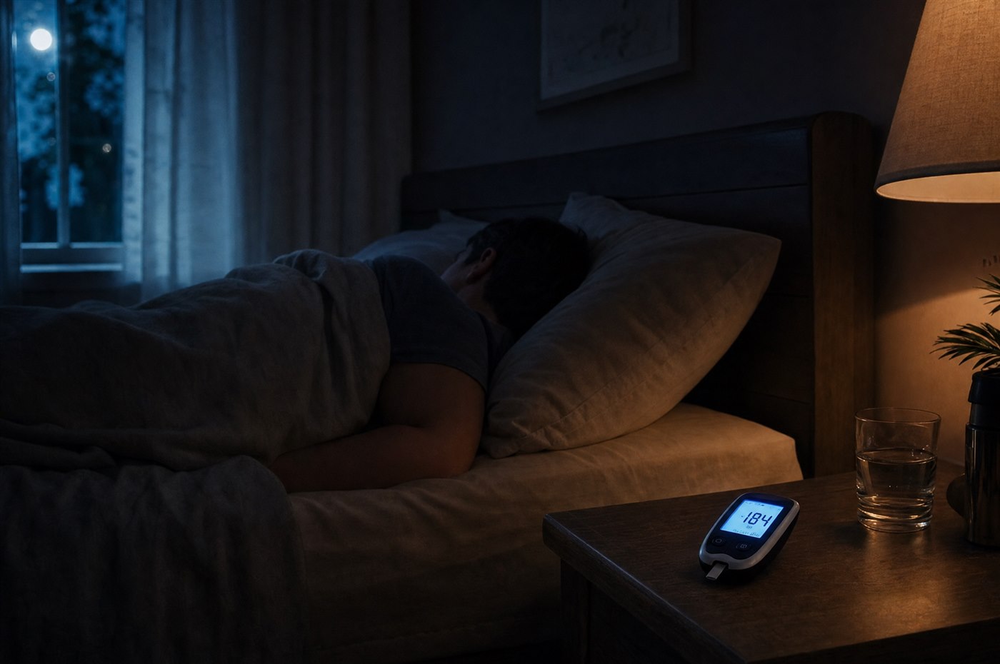 Man checking his fasting blood sugar in bed, meter reading 8.2 mmol/L