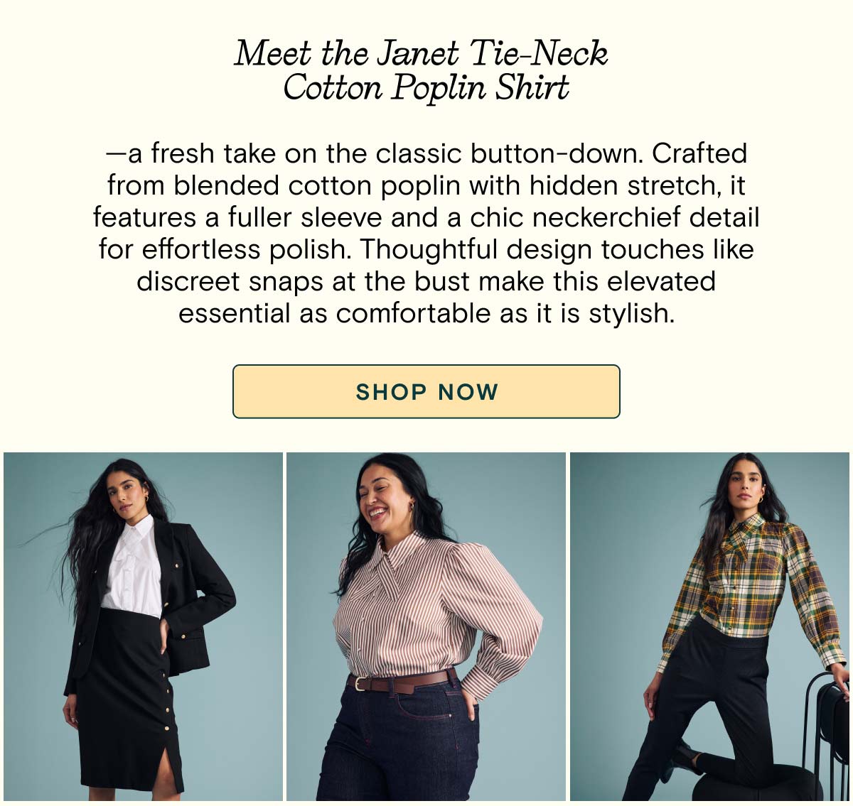 Meet the Janet Tie Neck Cotton Poplin Shirt