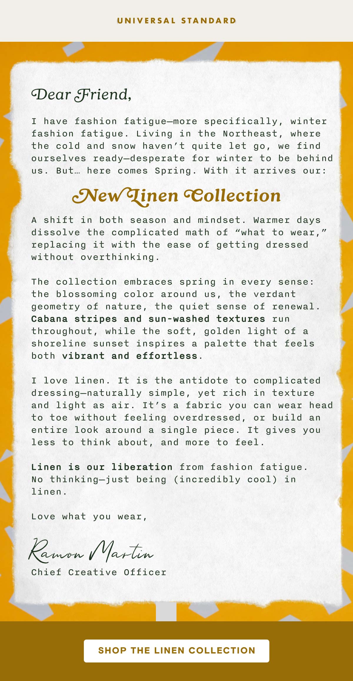 Letter from Ramon re: New Linen Collection