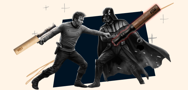 Alt"Captain Kirk vs Darth Vader holding FÜM's"