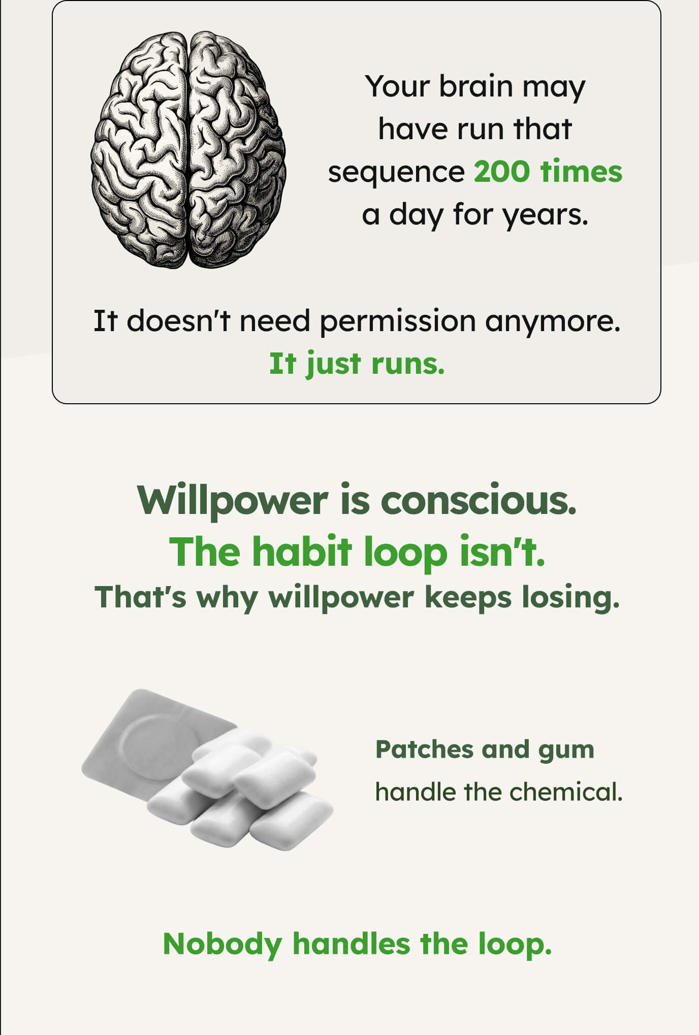 Your brain may have run that sequence 200 times a day for years.  It doesn't need permission anymore. It just runs. Willpower is conscious. The habit loop isn't. That's why willpower keeps losing. Patches and gum handle the chemical.  Nobody handles the loop.