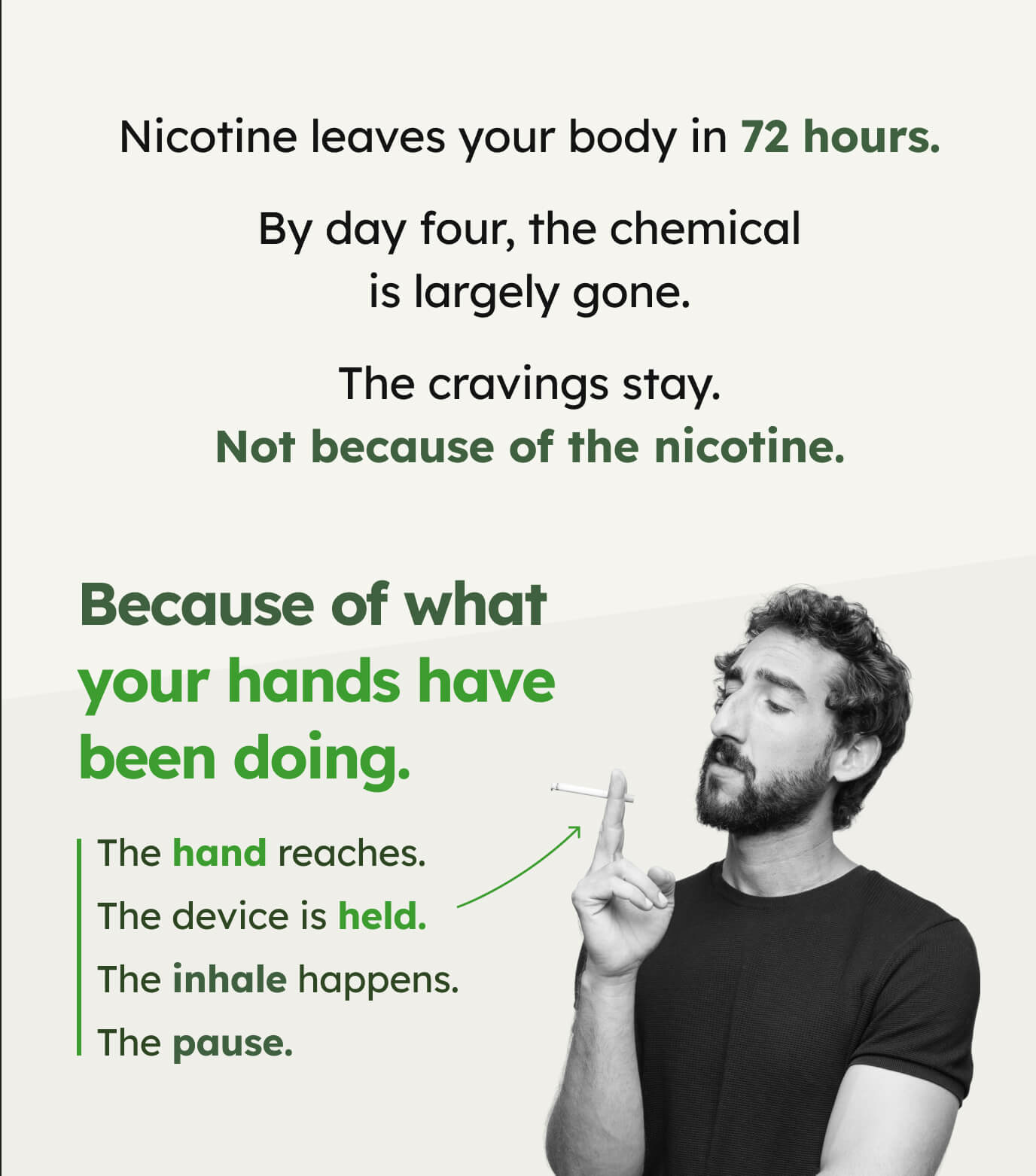 Nicotine leaves your body in 72 hours. By day four, the chemical is largely gone. The cravings stay. Not because of the nicotine.  Because of what your hands have been doing. The hand reaches. The device is held. The inhale happens. The pause.