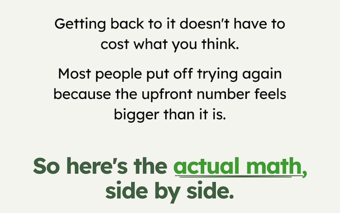 Getting back to it doesn't have to cost what you think. Most people put off trying again because the upfront number feels bigger than it is.  So here's the actual math, side by side.