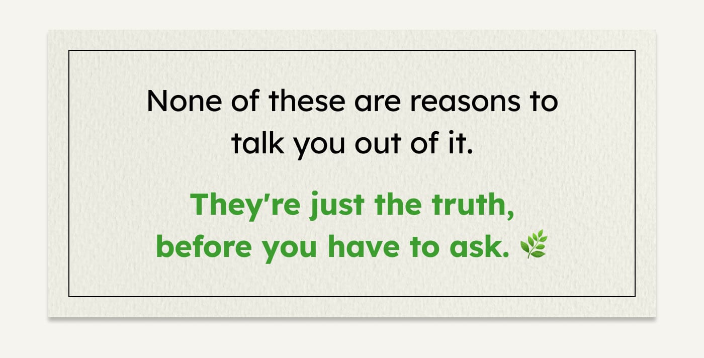 None of these are reasons to talk you out of it. They're just the truth, before you have to ask.