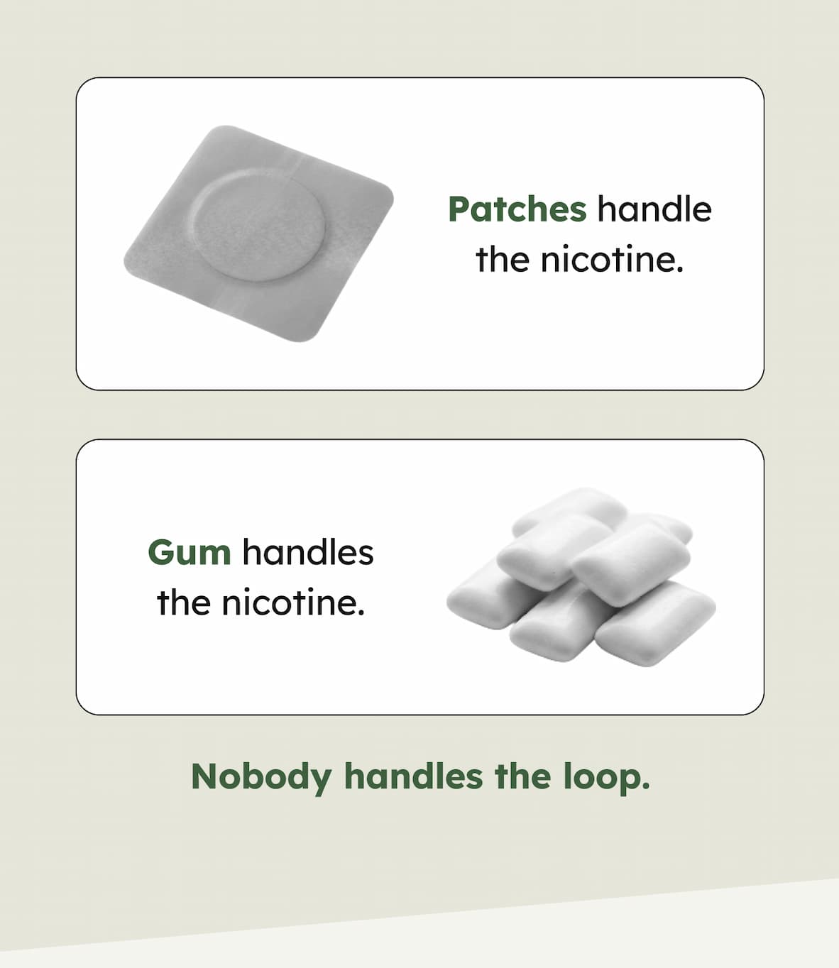 Patches handle the nicotine. Gum handles the nicotine. Nobody handles the loop.