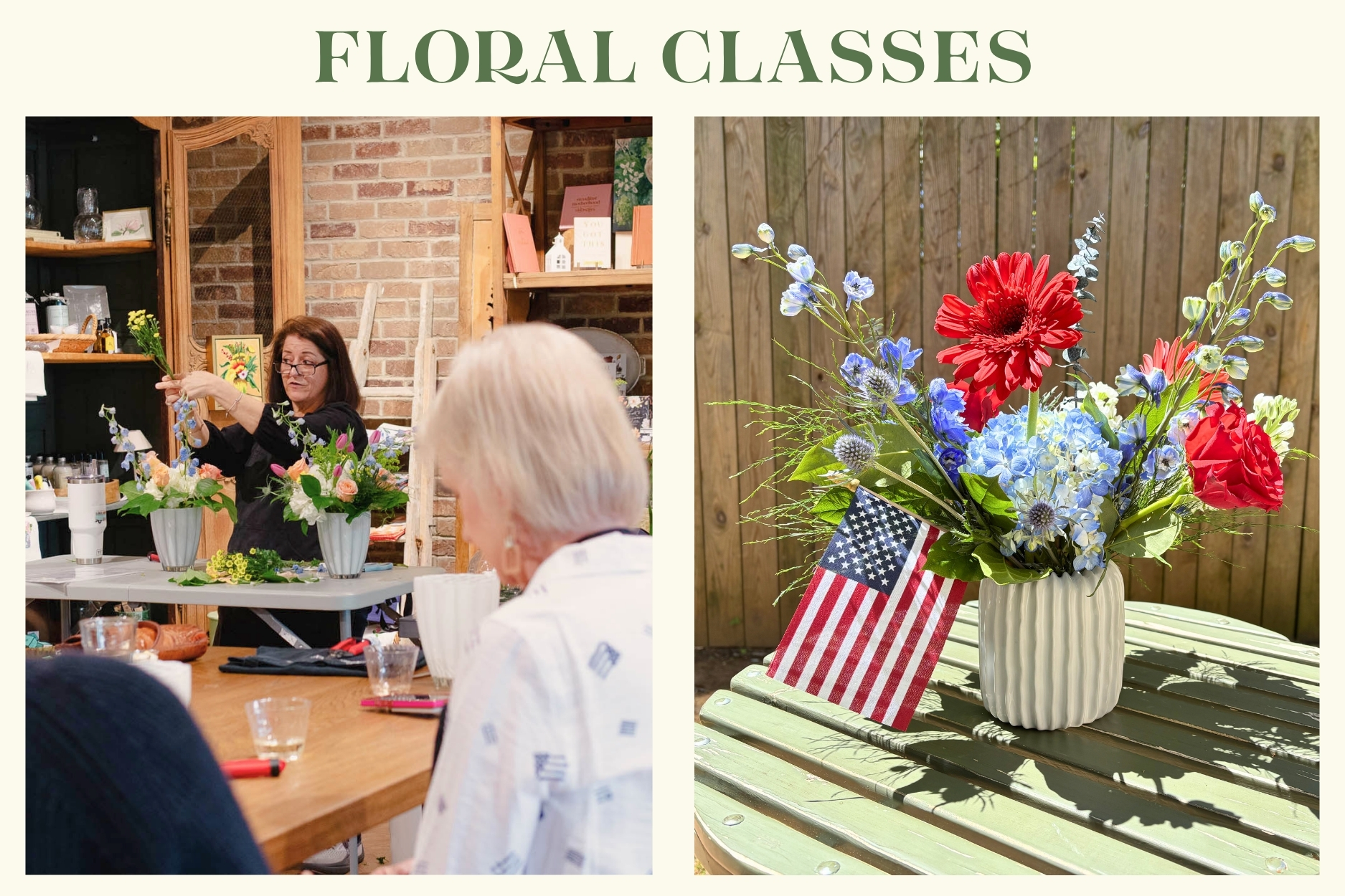 Participants learning floral design techniques during a Blossom & Vine arranging class, creating seasonal flower arrangements with expert instruction