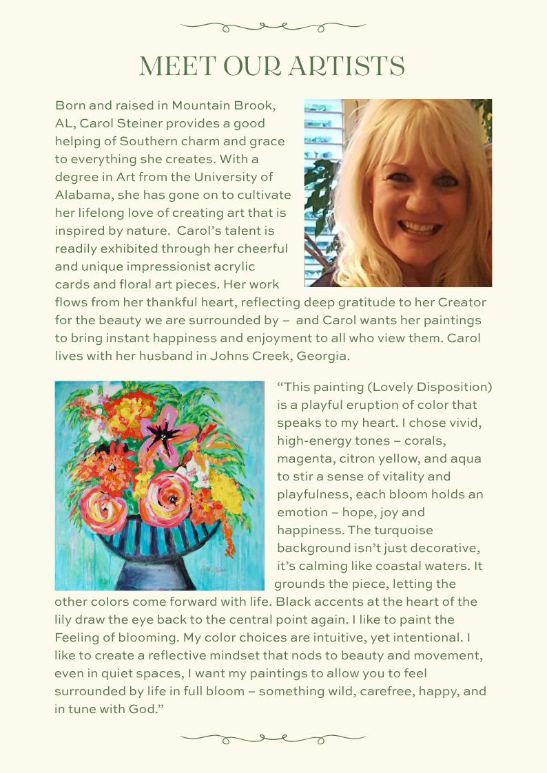 Featured artist Carol Steiner of Johns Creek, Georgia, alongside her colorful floral painting 'Lovely Disposition