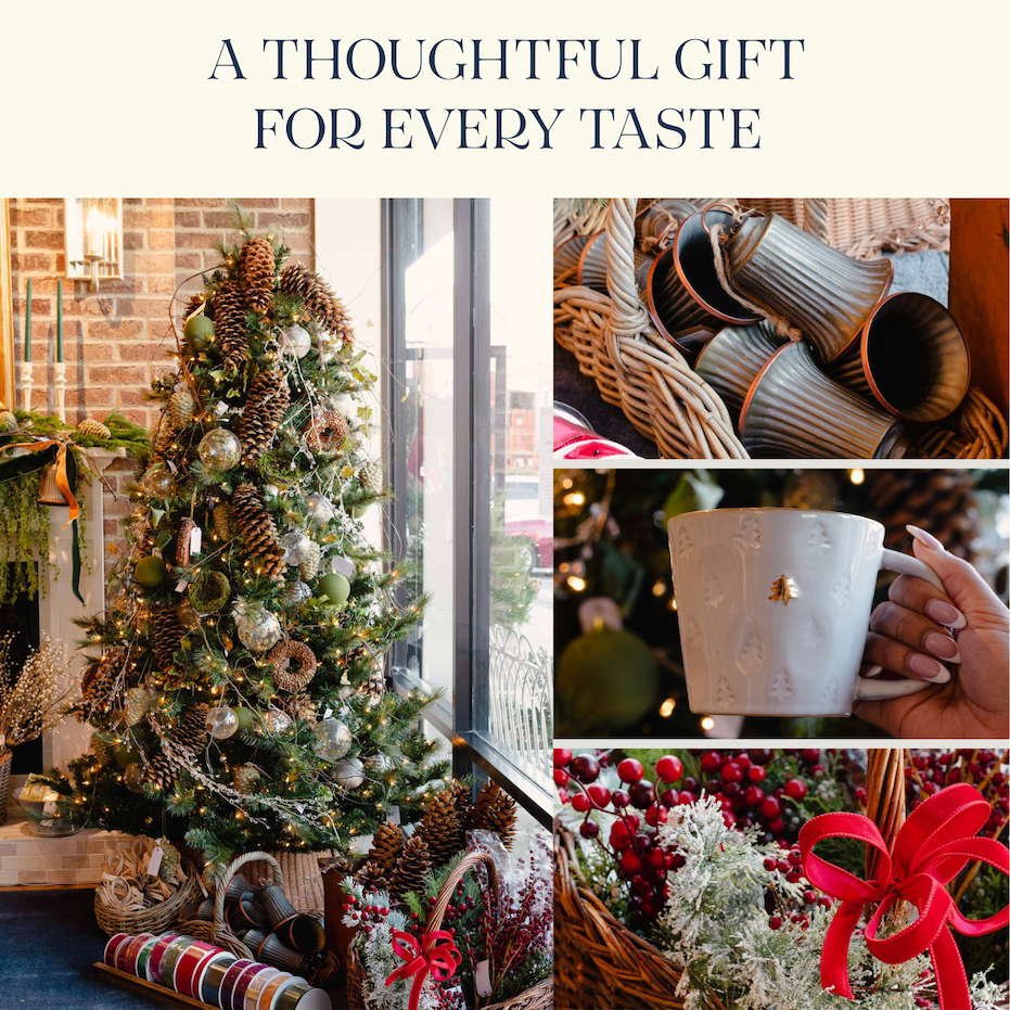 Holiday gift collection featuring decorated Christmas trees, seasonal home décor, mugs, ribbons, and festive accessories