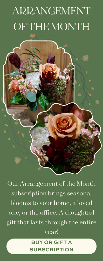 January Arrangement of the Month featuring peach roses, white hydrangeas, seasonal blooms, and rich burgundy accents