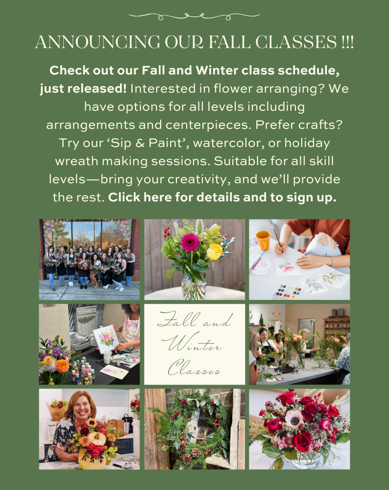 Blossom & Vine Fall and Winter class schedule featuring floral arranging, watercolor painting, wreath making, and creative workshops
