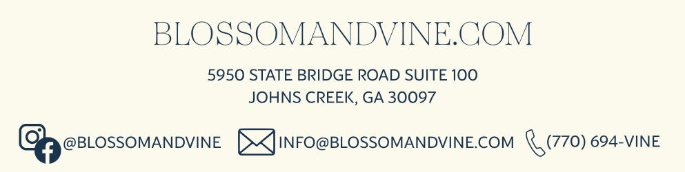 Blossom & Vine contact information, social media details, and Johns Creek store location