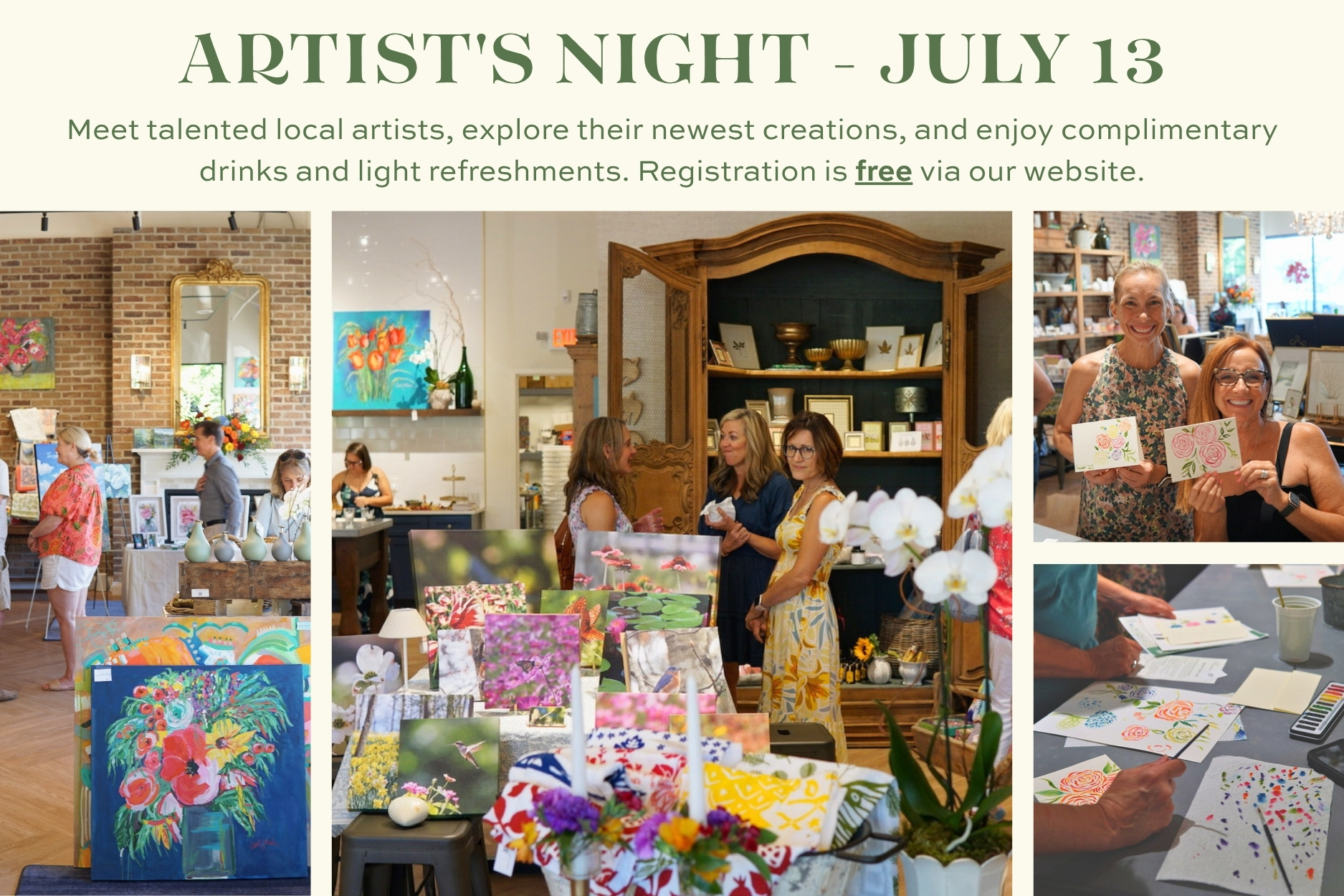 Guests exploring local artwork, meeting artists, and participating in creative activities during Blossom & Vine's annual Artist's Night event