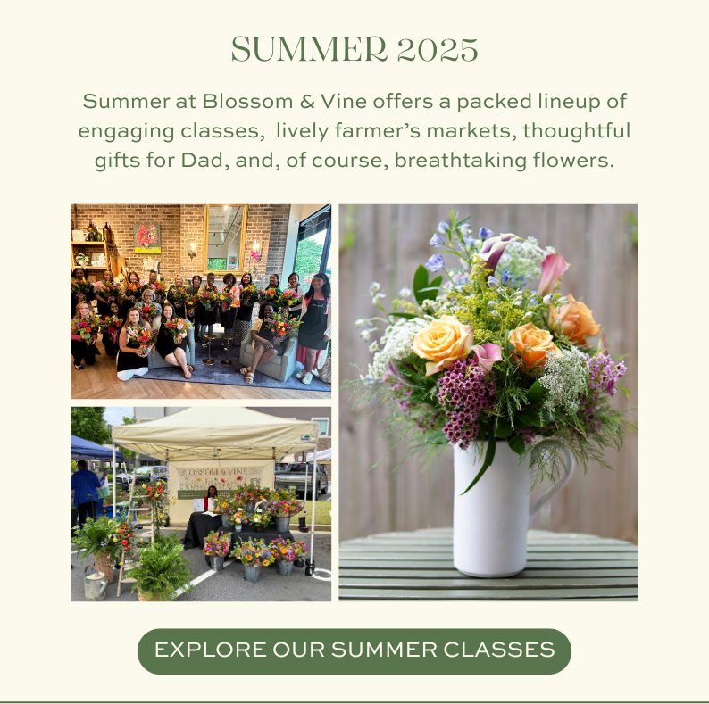 Summer at Blossom & Vine offers a packed lineup of engaging classes, lively farmer's markets, thoughtful gifts for Dad, and, of course, breathtaking flowers