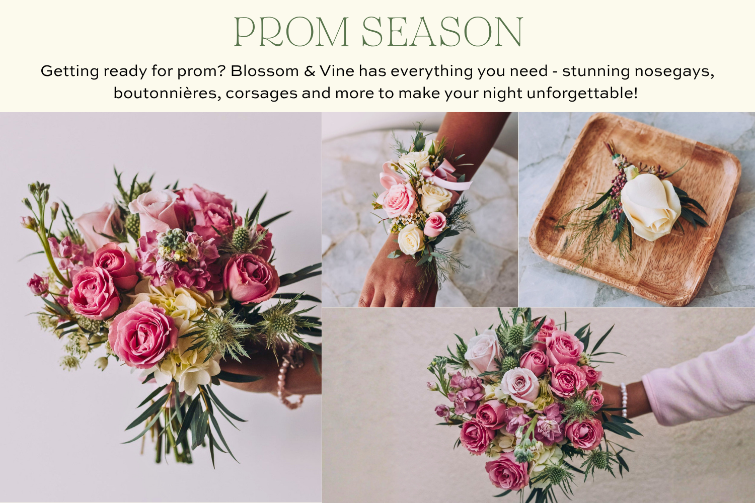 Prom flower inspiration and new plant collection featuring bouquets, corsages, boutonnieres, flowering plants, and decorative indoor planters