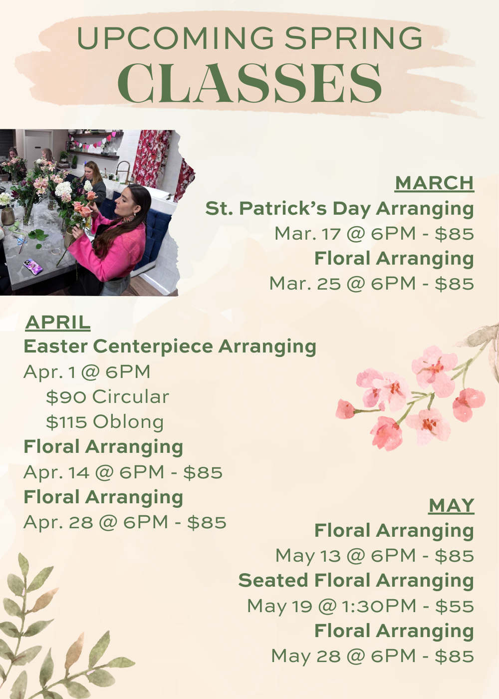 Blossom & Vine floral arranging class schedule featuring spring workshops, Easter centerpiece classes, and seasonal design instruction