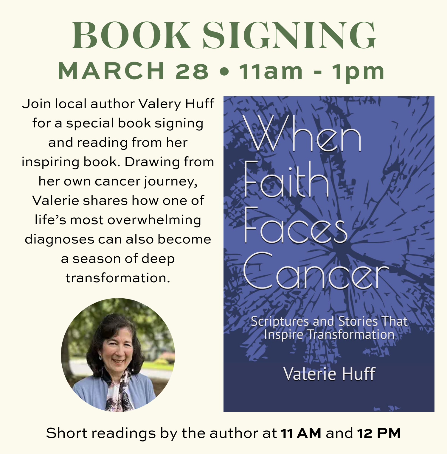 Local author Valerie Huff promoting a book signing and reading for her inspirational book 'When Faith Faces Cancer