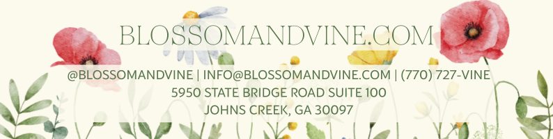 Blossom & Vine contact information including website, email address, phone number, and Johns Creek, Georgia location