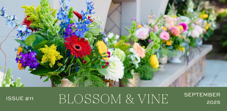 Blossom & Vine September 2025 newsletter cover featuring colorful seasonal floral arrangements and fall inspiration