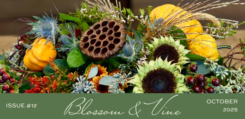 Blossom & Vine October 2025 newsletter cover featuring an autumn floral centerpiece with sunflowers, pumpkins, berries, and seasonal foliage