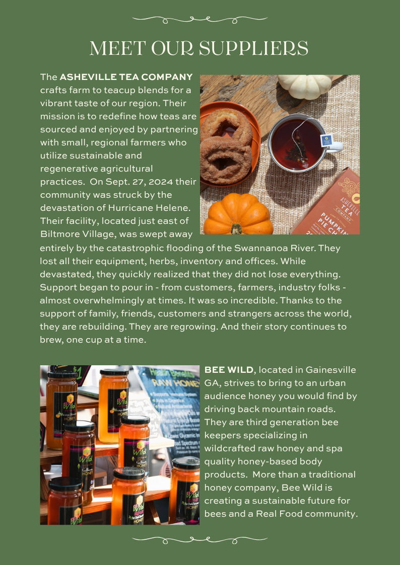 Seasonal tea and baked treats from Asheville Tea Company, a regional supplier featured by Blossom & Vine Bee Wild raw honey products from Gainesville, Georgia, featured as a local supplier at Blossom & Vine