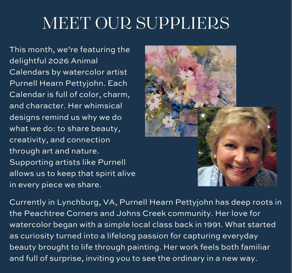 Featured watercolor artist Purnell Hearn Pettyjohn alongside floral artwork and 2026 animal calendars available at Blossom & Vine