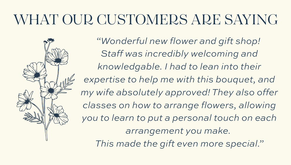 Customer review highlighting Blossom & Vine's knowledgeable staff, floral expertise, classes, and personalized gift experiences