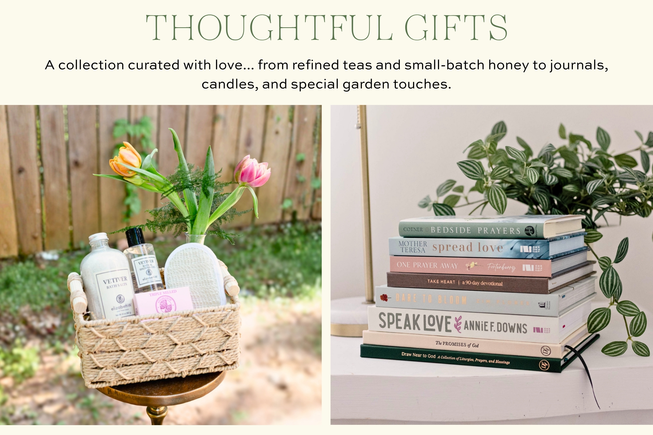 Thoughtful Mother's Day gifts including books, candles, tea, bath products, and floral design classes shared as meaningful experiences