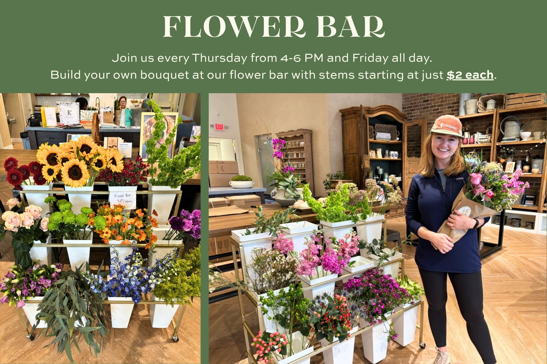 Blossom & Vine flower bar featuring fresh seasonal stems, custom bouquet building, and information about the Summer Daze Sale on July 3