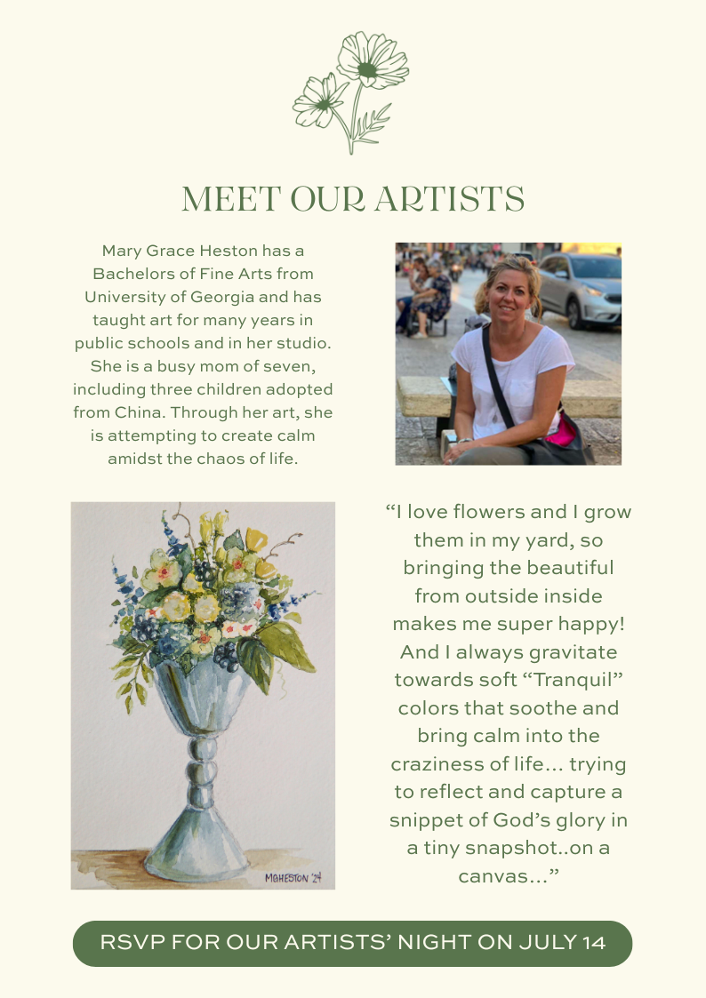 Featured local artist Mary Grace Heston with floral artwork and artist biography for Artists' Night