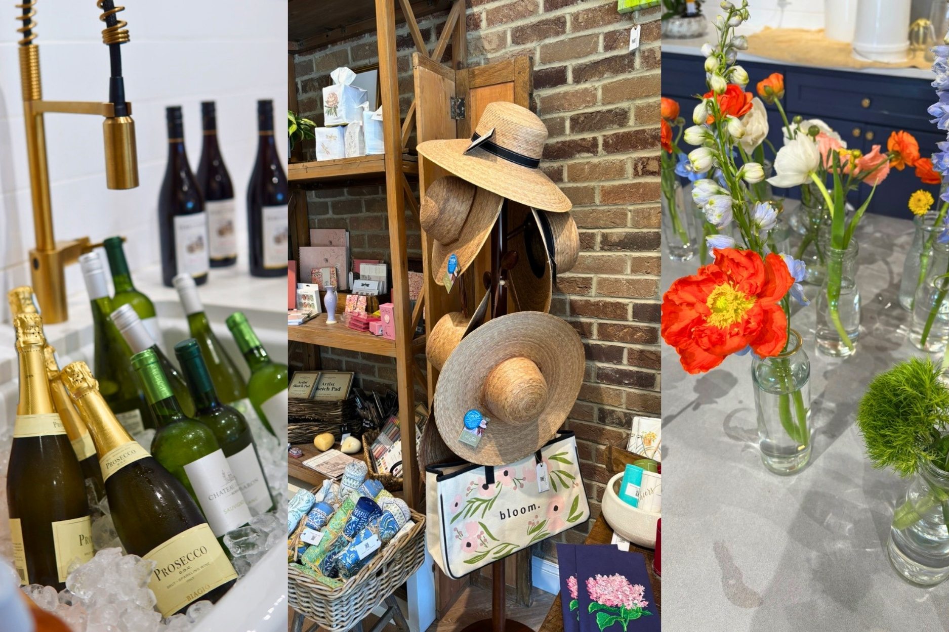 Summer gift and floral inspiration featuring sparkling beverages, boutique gifts, straw hats, fresh flowers, and seasonal merchandise available at Blossom & Vine