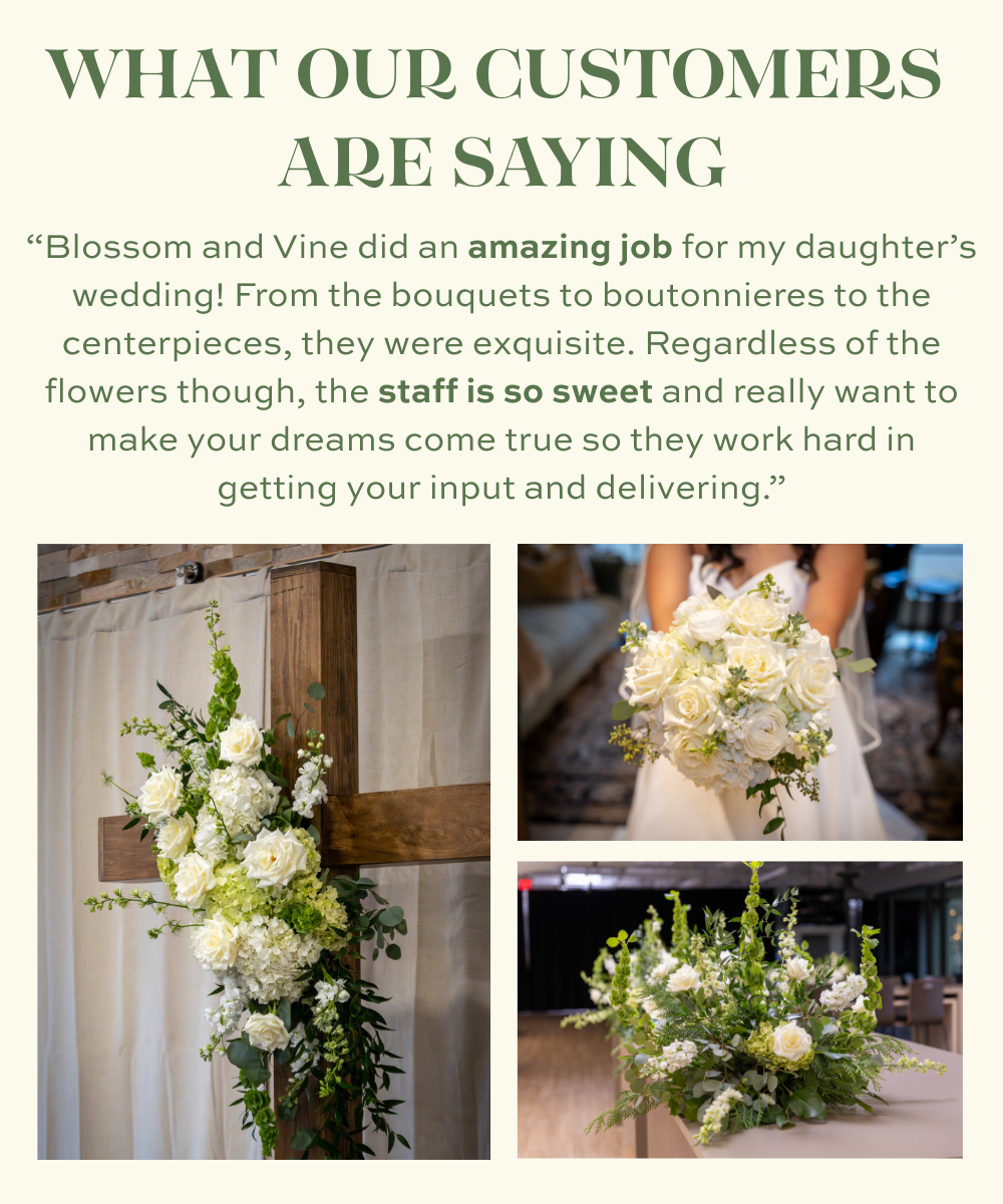 Elegant wedding florals including a flower-covered ceremony cross, bridal bouquet, and reception centerpiece alongside a customer testimonial