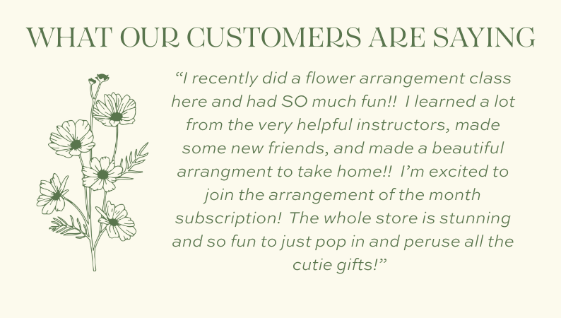 Customer review highlighting Blossom & Vine floral arranging classes, flower subscriptions, and gift shop experience