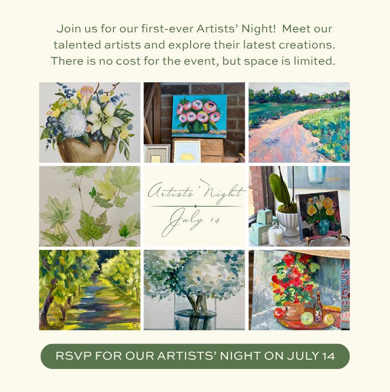 Artists' Night at Blossom & Vine featuring local artwork, paintings, botanical art, and event RSVP information