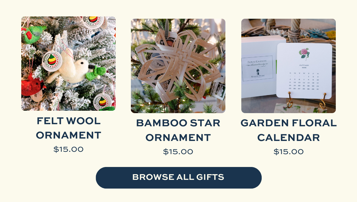 Handcrafted holiday gifts from local artists including felt wool ornaments, bamboo star ornaments, and floral desk calendars