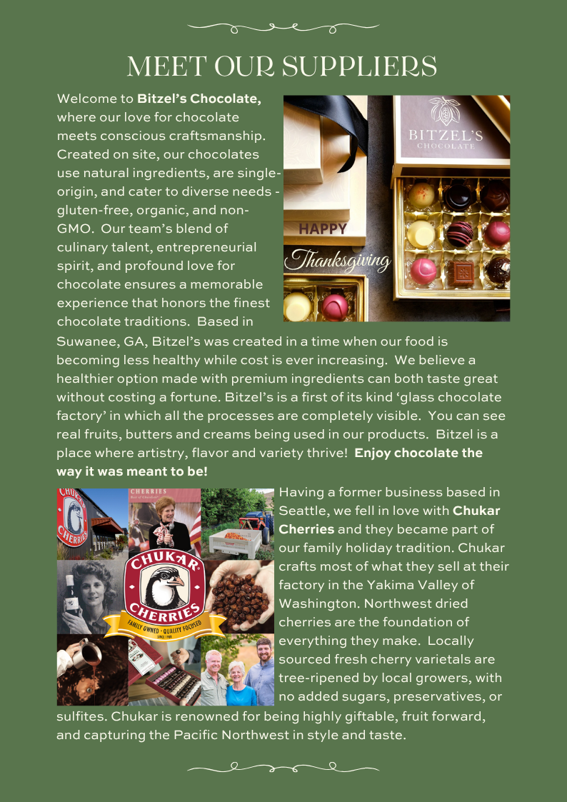 Artisan chocolate gift boxes from Bitzel's Chocolate, a featured holiday supplier at Blossom & Vine Chukar Cherries gourmet fruit and chocolate gifts featured as a holiday supplier at Blossom & Vine