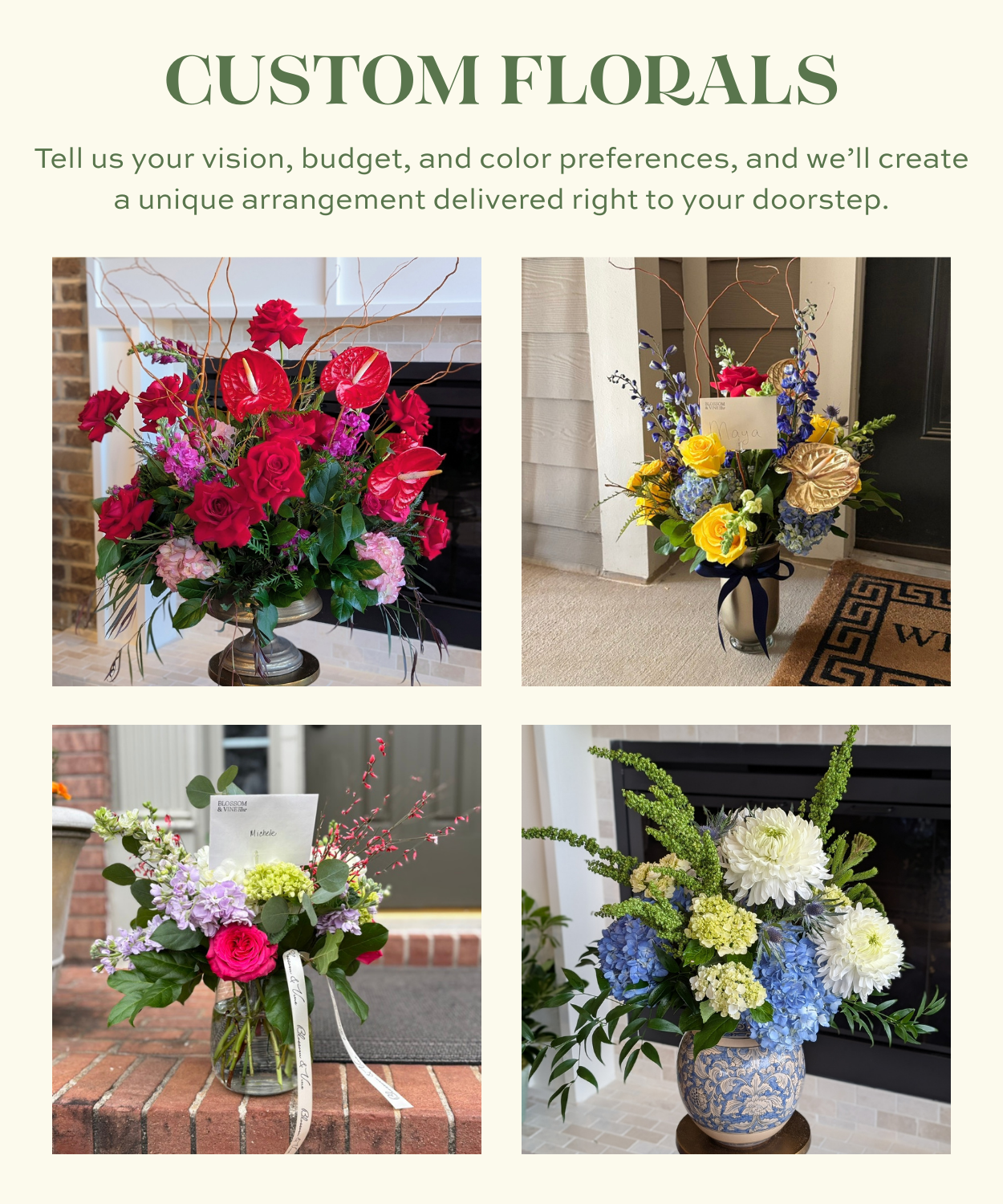 Collection of custom floral arrangements showcasing vibrant roses, hydrangeas, anthuriums, and personalized flower designs for delivery