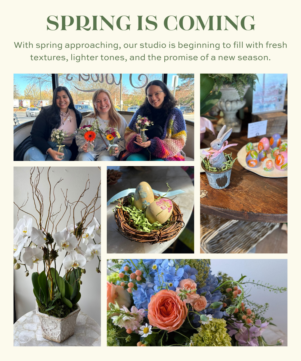 Spring-inspired collage featuring floral class participants, Easter decor, blooming orchids, painted eggs, and seasonal flower arrangements