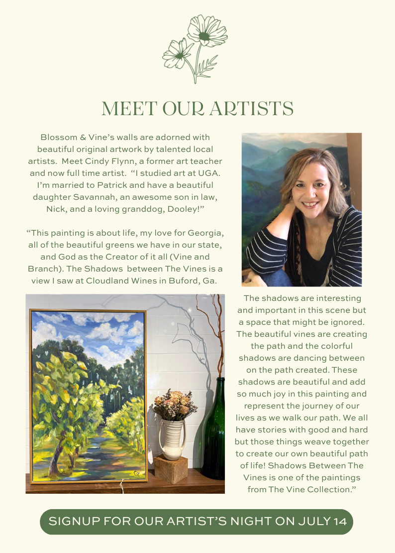 Local Georgia artist Cindy Flynn featured at Blossom & Vine beside her vineyard landscape painting 'Shadows Between The Vines,' inspired by Cloudland Wines in Buford, Georgia