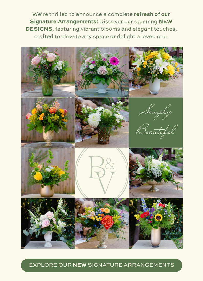 Collection of Blossom & Vine's new signature floral arrangements featuring roses, lilies, sunflowers, greenery, and seasonal blooms