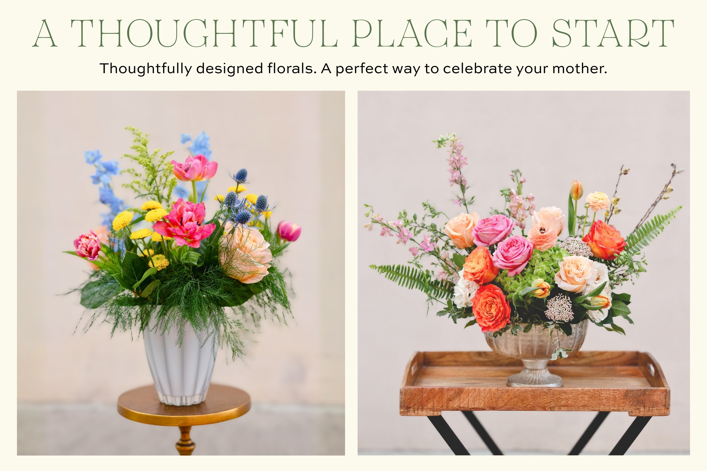 Mother's Day floral arrangements and decorative plant gardens featuring colorful spring flowers, orchids, and lush greenery
