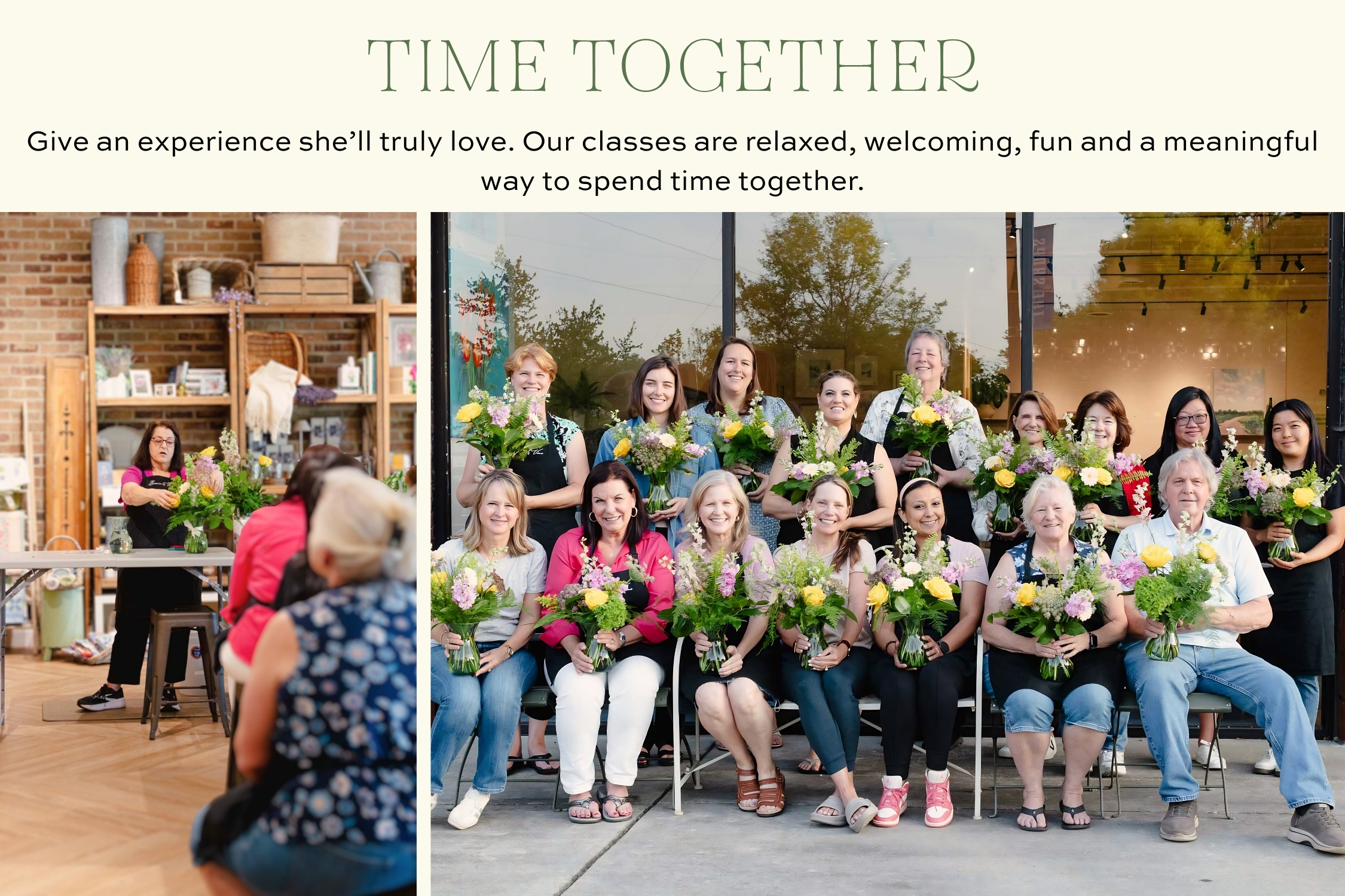 Guests participating in a Blossom & Vine floral design class, creating hand-tied bouquets and enjoying a shared creative experience together