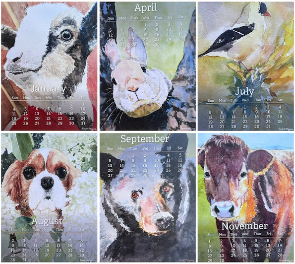 Watercolor animal calendars featuring a lamb, rabbit, bird, dog, bear, and cow created by a local artist
