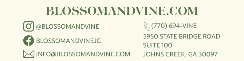 Blossom & Vine contact information, social media accounts, website address, and Johns Creek store location