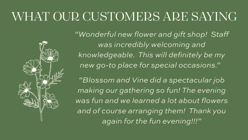 Customer reviews praising Blossom & Vine's floral arrangements, gift shop, classes, and welcoming atmosphere