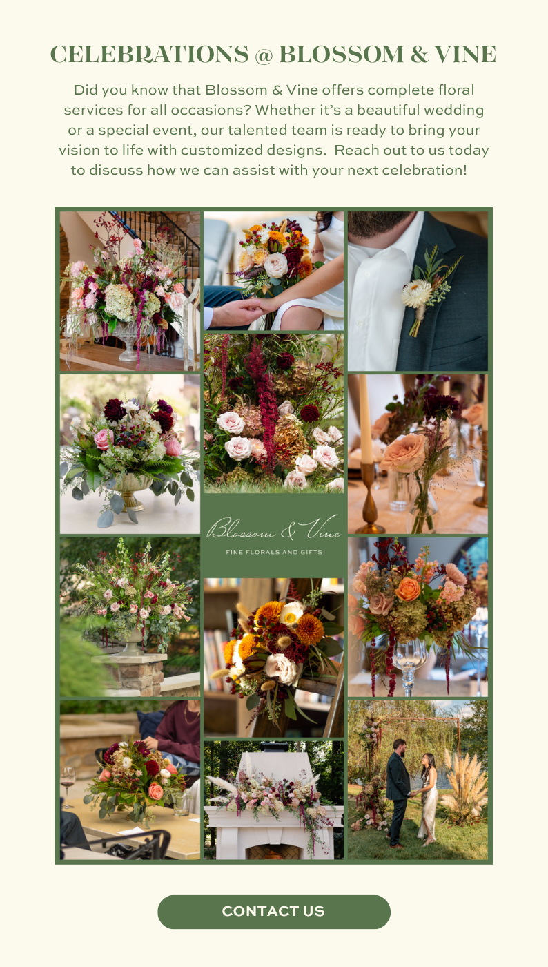 Fall wedding floral gallery featuring bridal bouquets, ceremony installations, boutonnieres, reception centerpieces, and wedding flowers by Blossom & Vine